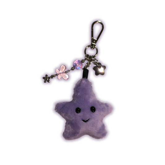 Purple star-shaped keychain with decorative elements on a white background