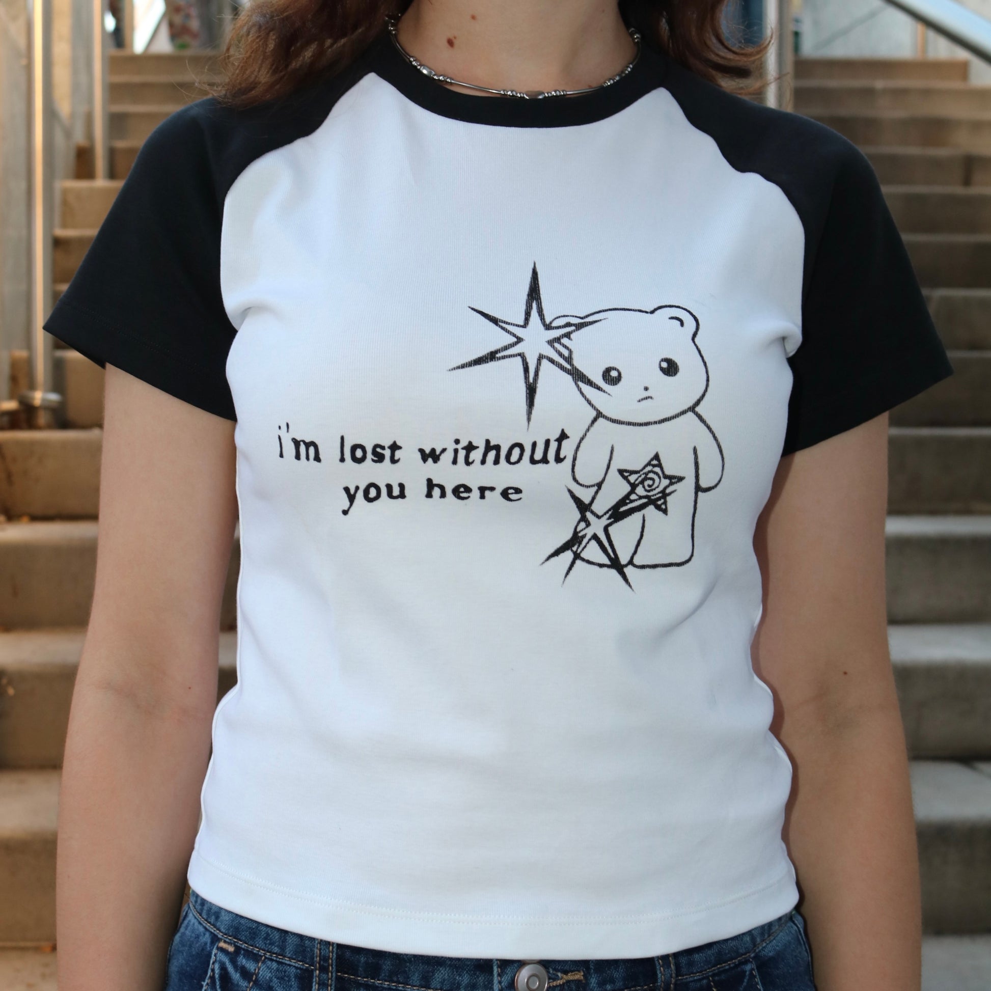 Black and white raglan i’m lost without you bear baby tee 