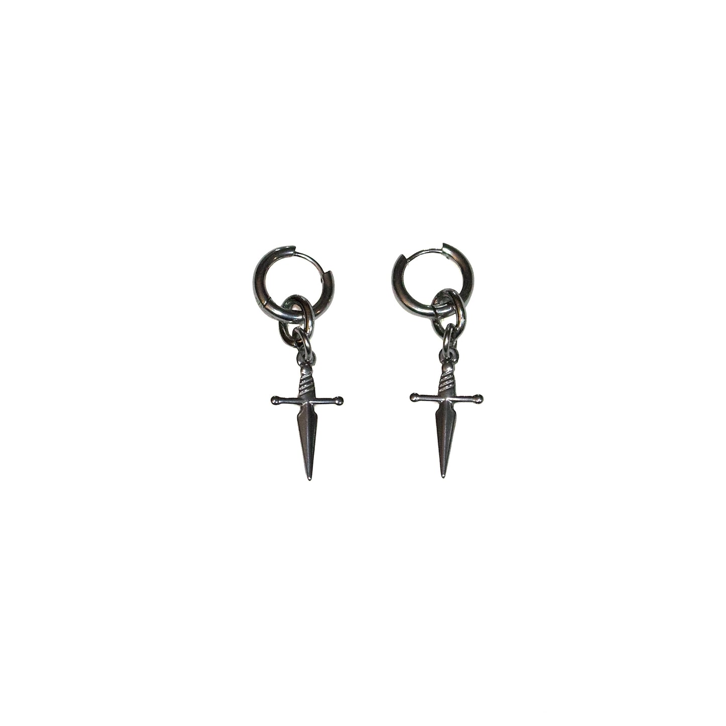Pair of stainless steel dagger-shaped huggie earrings on a white background