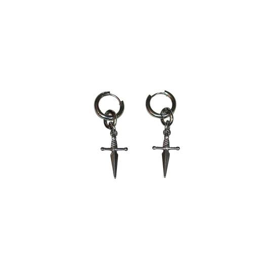 Pair of stainless steel dagger-shaped huggie earrings on a white background