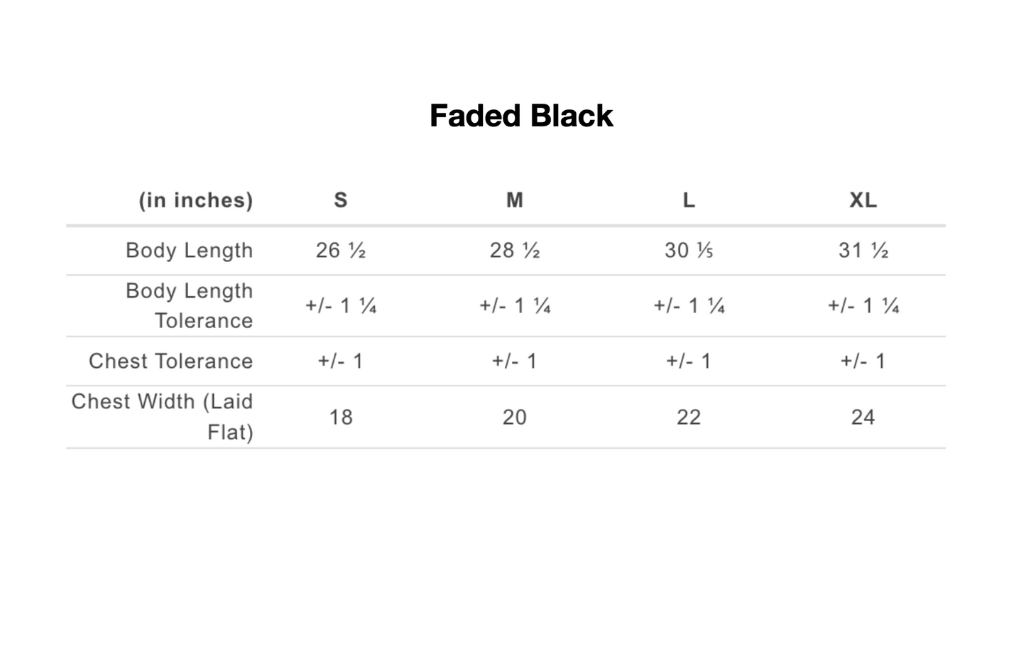 Size chart for clothing in inches with 'Faded Black' label