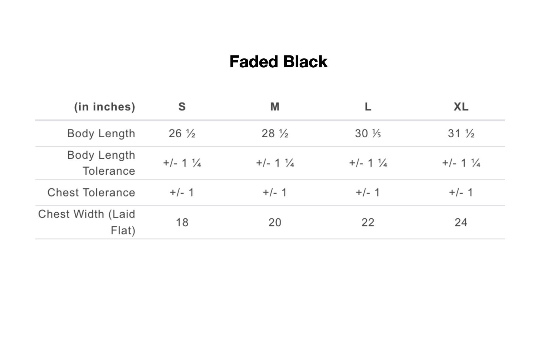 Size chart for clothing in inches with 'Faded Black' label