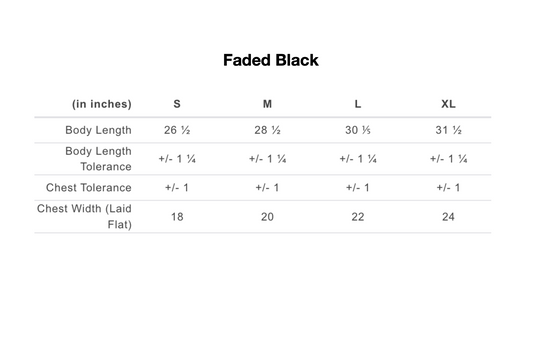 Size chart for clothing in inches with 'Faded Black' label