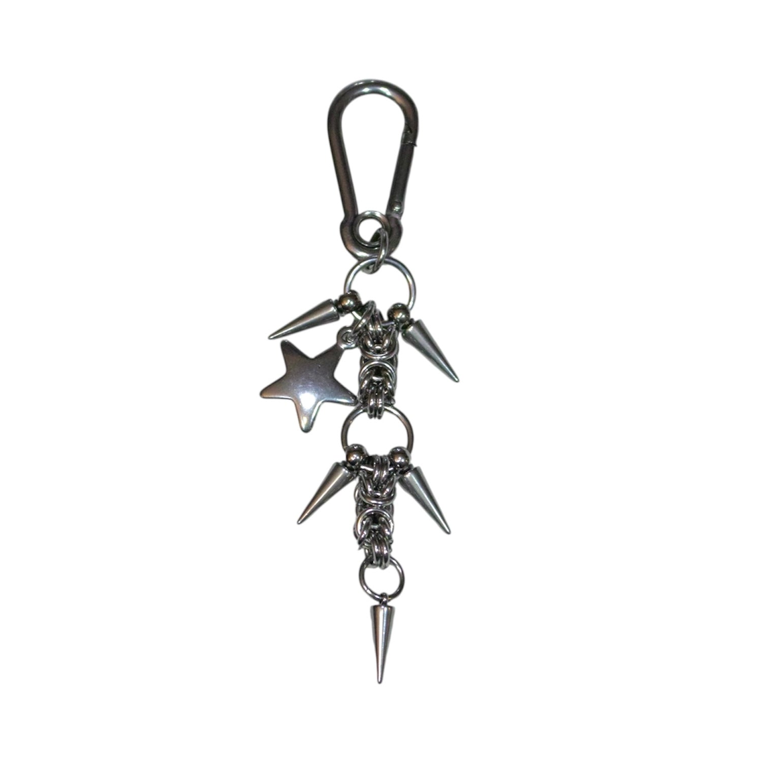 Stainless steel keychain with star and spike designs on a white background