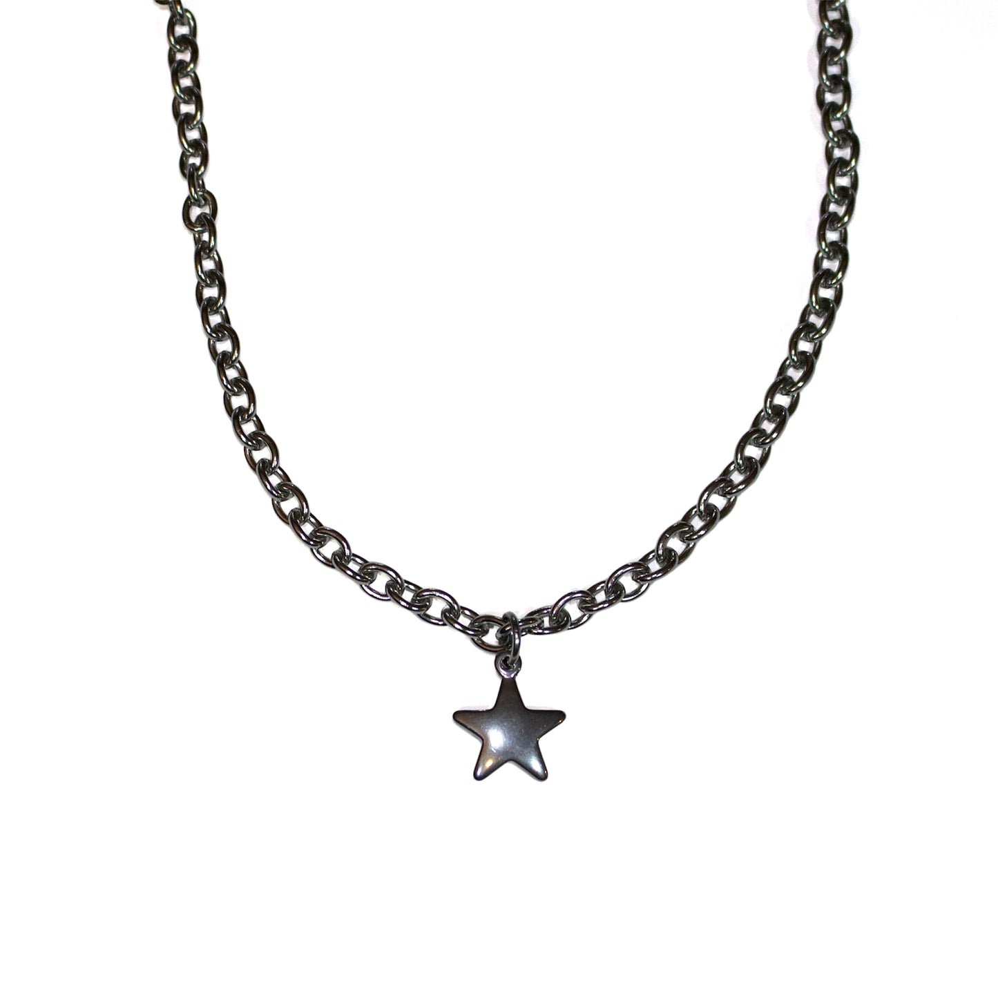 Star-shaped pendant on a chain against a white background
