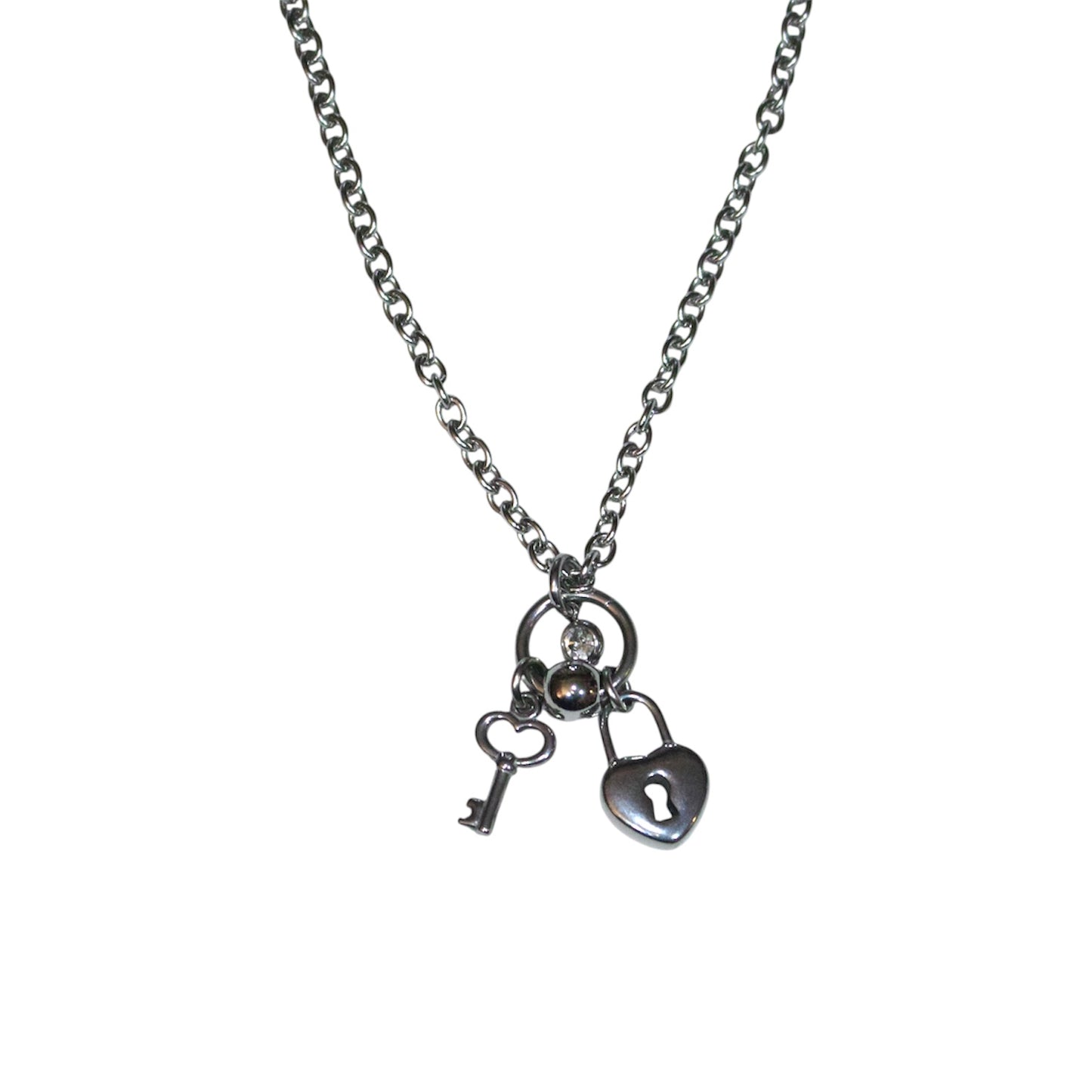 Necklace with key and lock charms on a white background