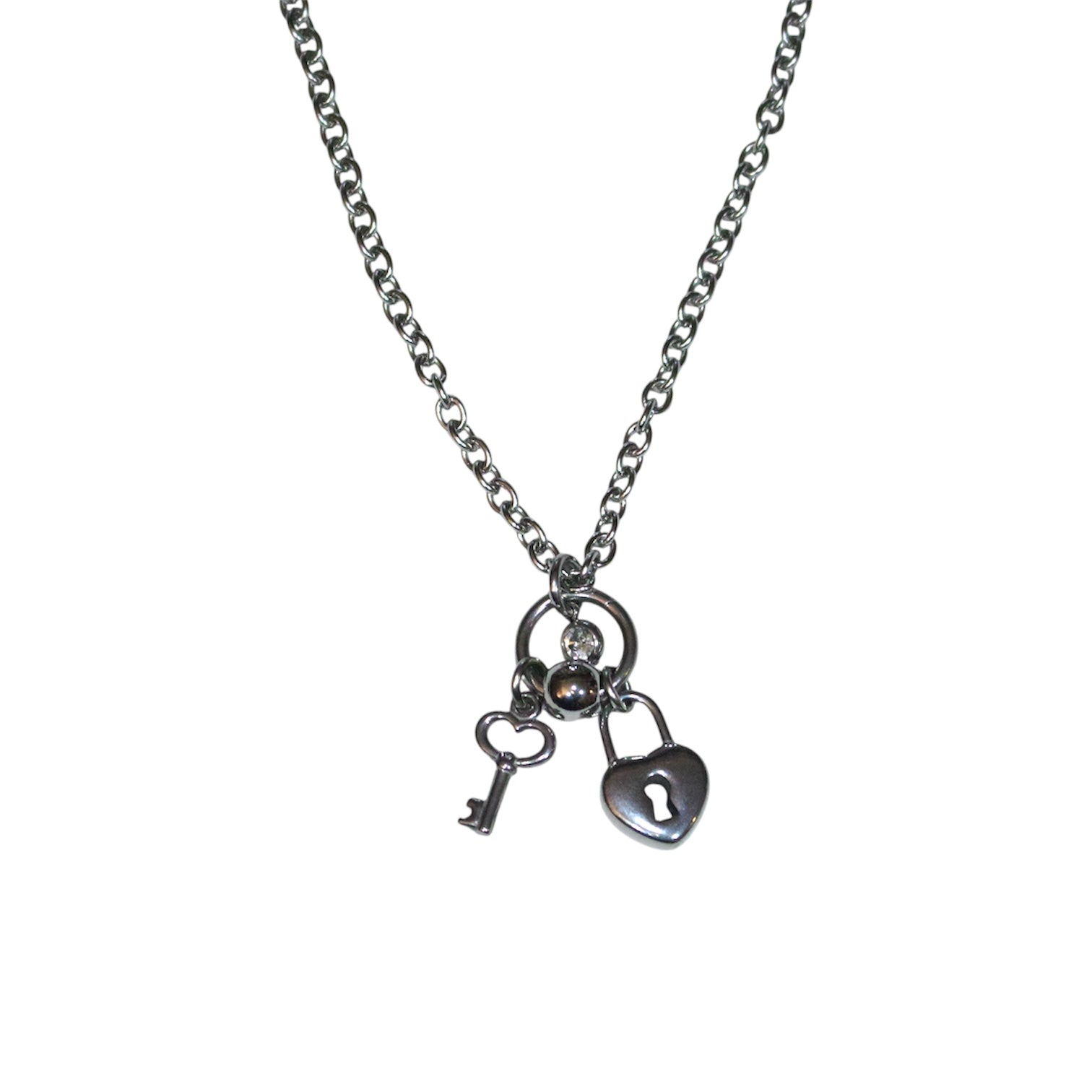 Necklace with key and lock charms on a white background