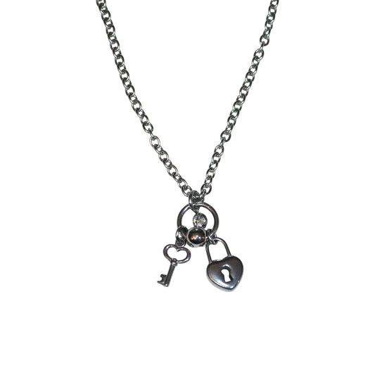 Necklace with key and lock charms on a white background